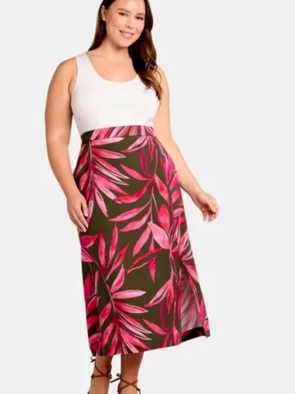 NWT Time and Tru Linen Blend Floral Midi Skirt Size Large